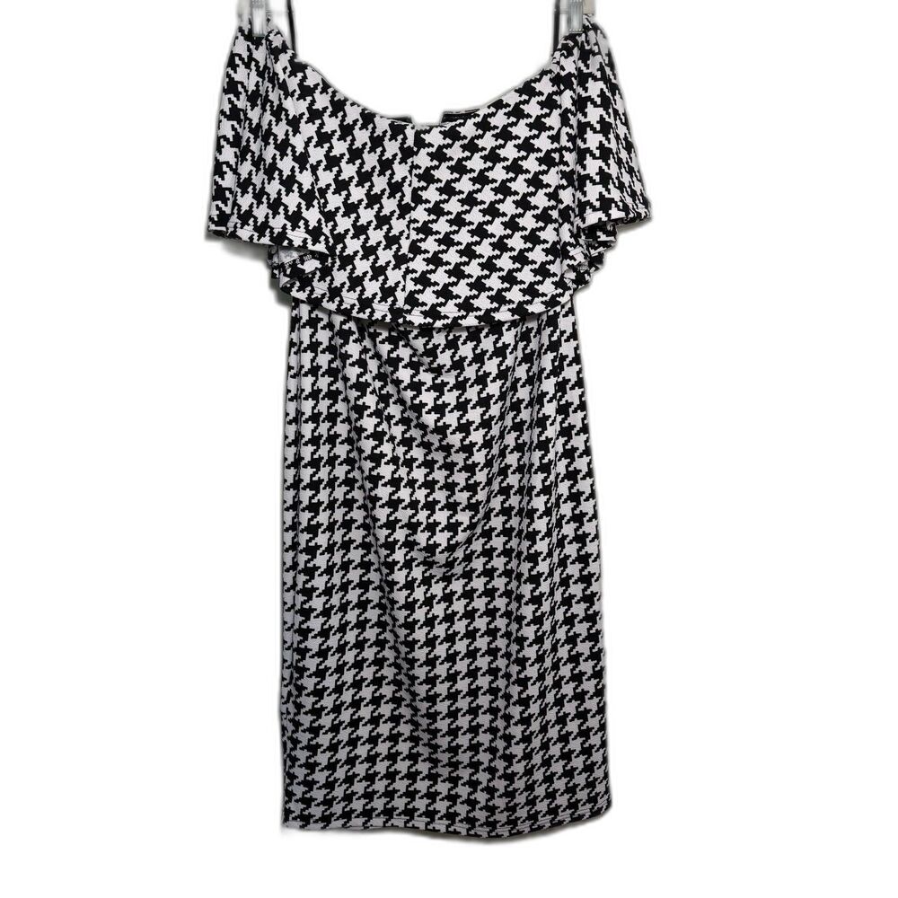 SHEIN Curve 2XL Houndstooth Off Shoulder Ruffle Midi Dress